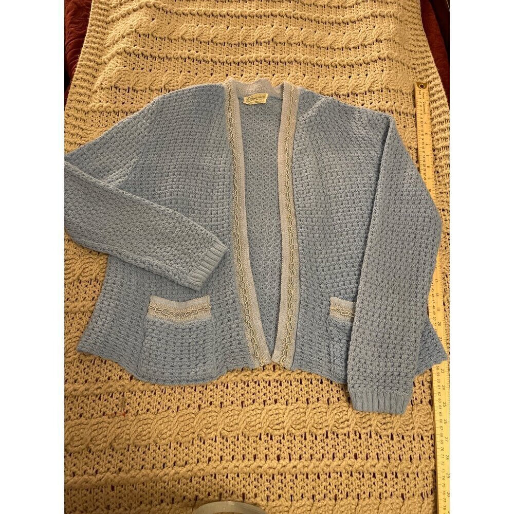 Vintage Bams Knits Blue OPEN‎ FRONT WITH CABLE Cardigan WOMEN'S SZ M